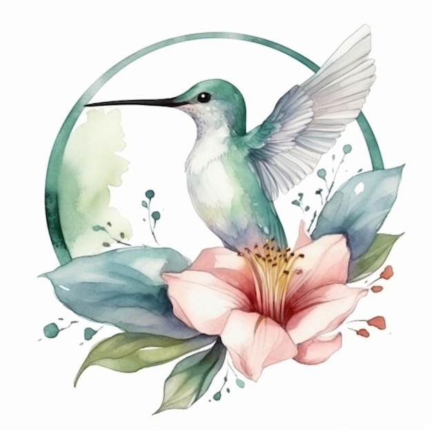 Watercolor hummingbird on a flower circle