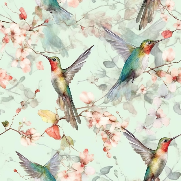 Watercolor hummingbirds on a branch with flowers