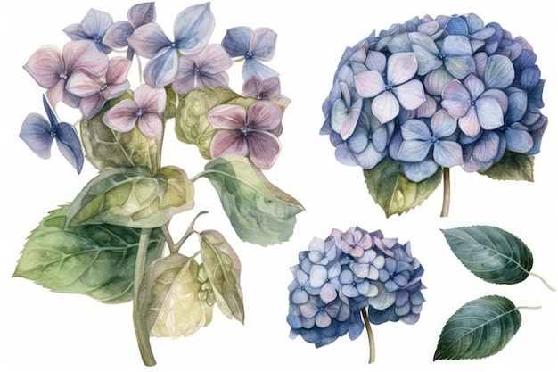 Watercolor Hydrangea Set for Wedding Decorations on White Background