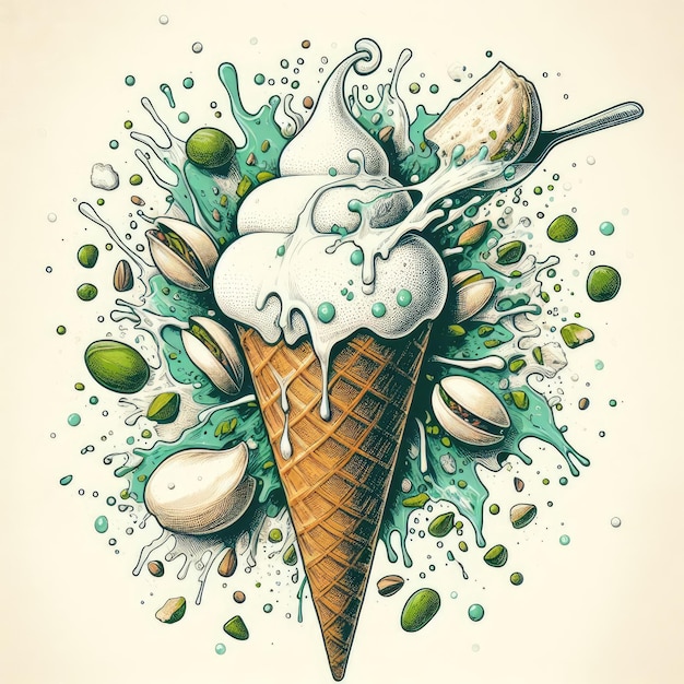 Photo watercolor ice cream cone with pistachios splash ink and watercolor drawing with milky splashes