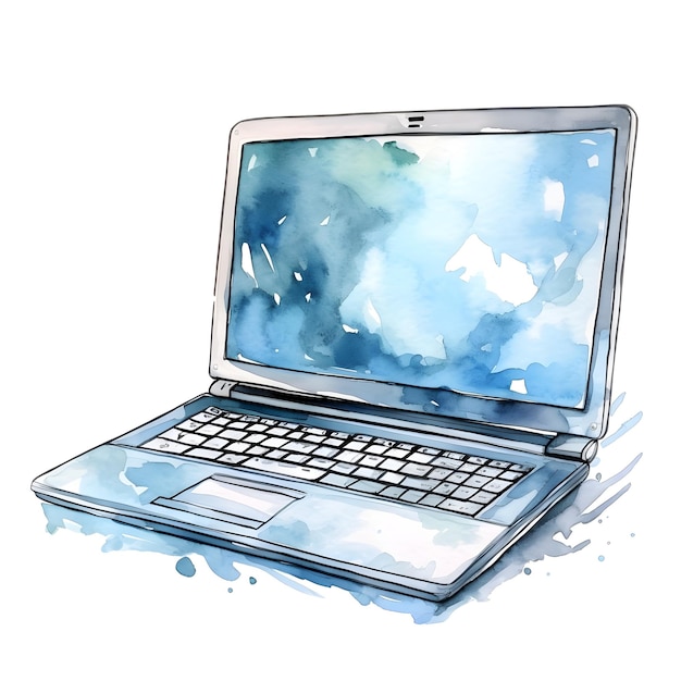 Photo watercolor illustrated laptop computer on white backdrop