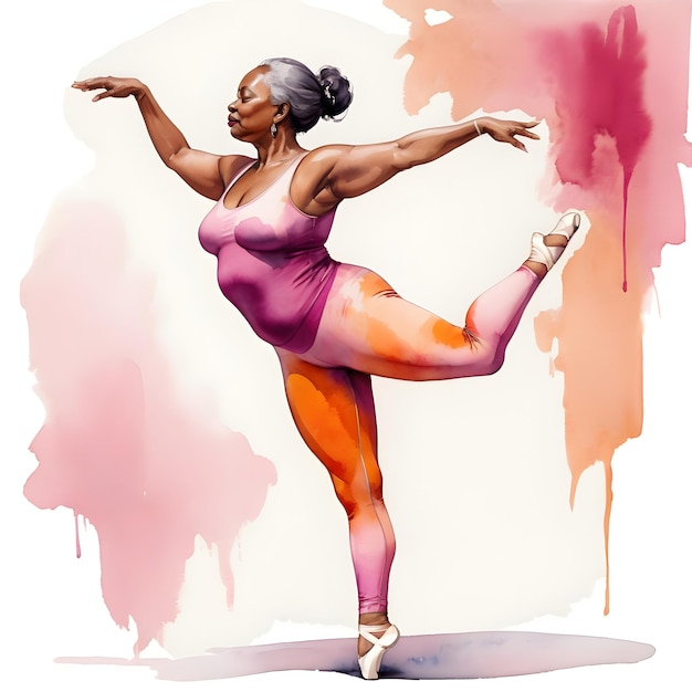 Watercolor illustration of a 70yearold ballerina dancing