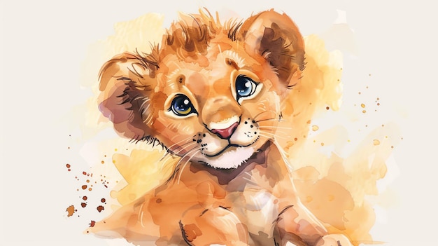 Photo watercolor illustration of an adorable lion cub with expressive blue eyes exuding cuteness and playfulness against a soft background