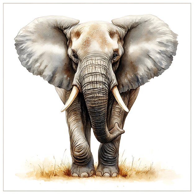 Watercolor Illustration of an African Elephant Walking Towards the Viewer