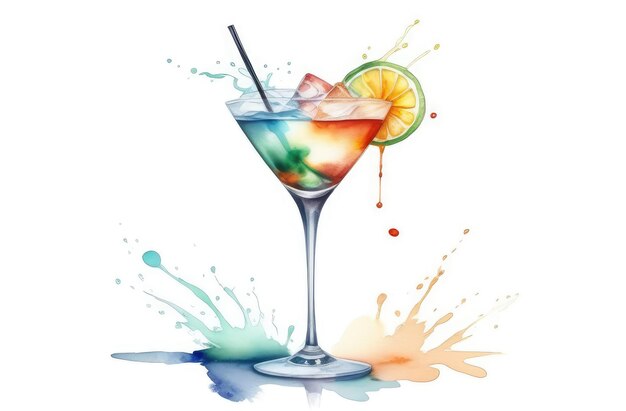 watercolor illustration of alcohol drink in glass refreshing summer citrus cocktail with lime