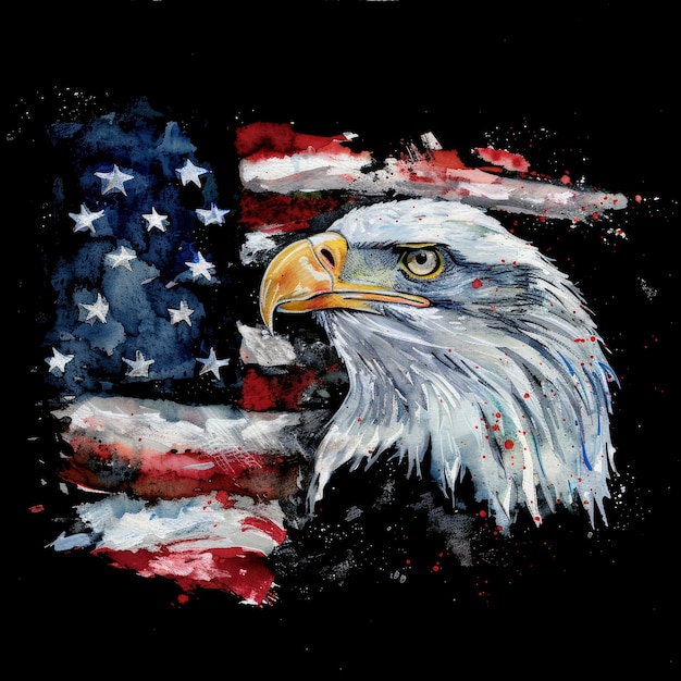 Watercolor illustration of an american flag and a bald eagle