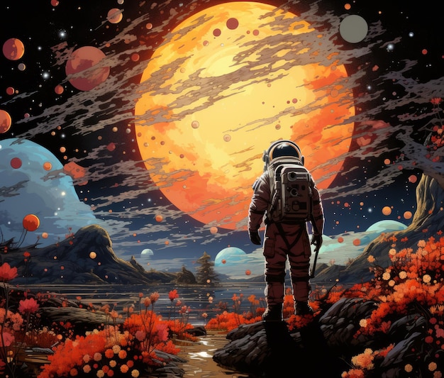 watercolor illustration of an astronaut picking up a rose in the desert with a star and galaxies