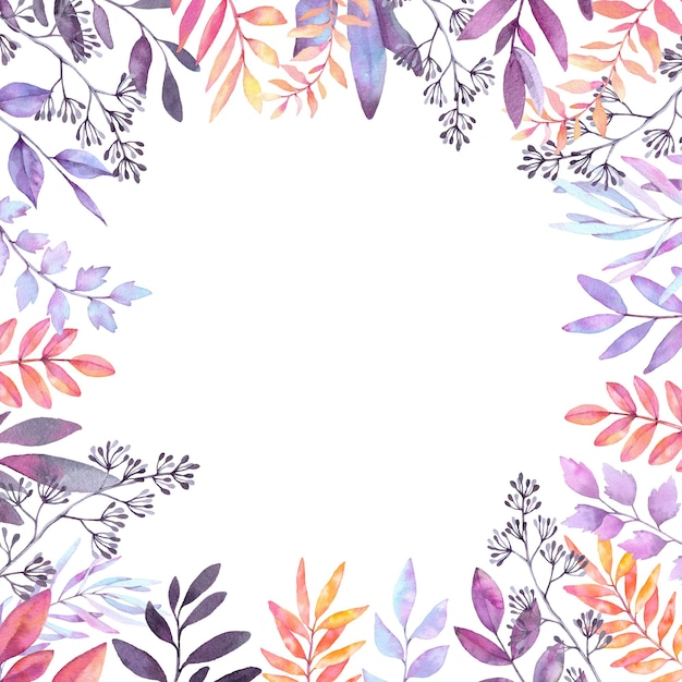 Watercolor illustration. Autumn Botanical clipart. Frame with purple leaves, herbs and branches