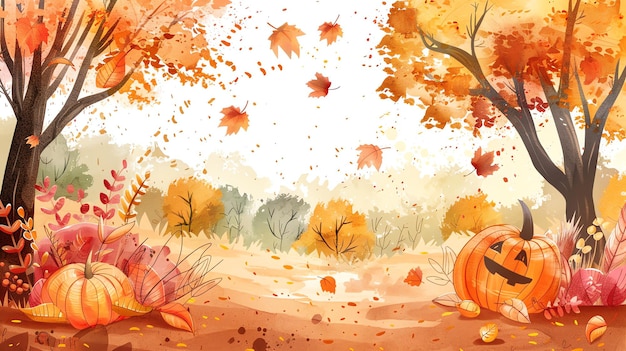 A watercolor illustration of an autumn scene with pumpkins and leaves