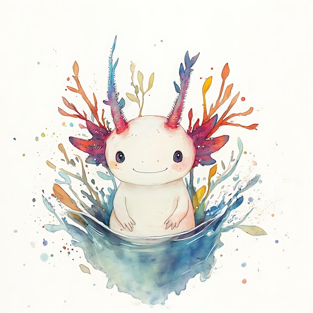 Photo watercolor illustration of an axolotl surrounded by colorful aquatic plants