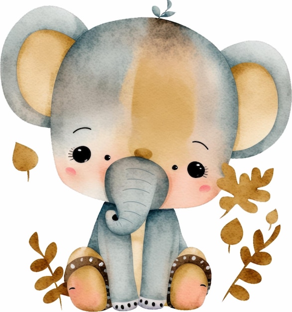 A watercolor illustration of a baby elephant sitting on a leafy branch.