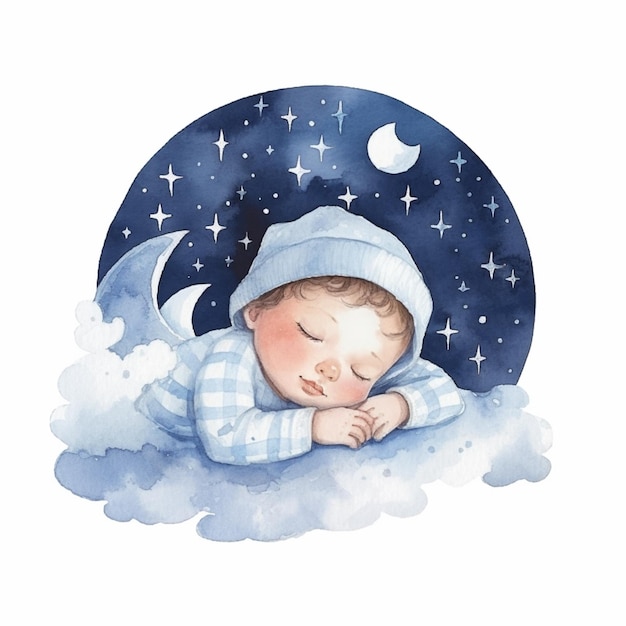 Watercolor illustration of a baby sleeping on a cloud with moon and stars.