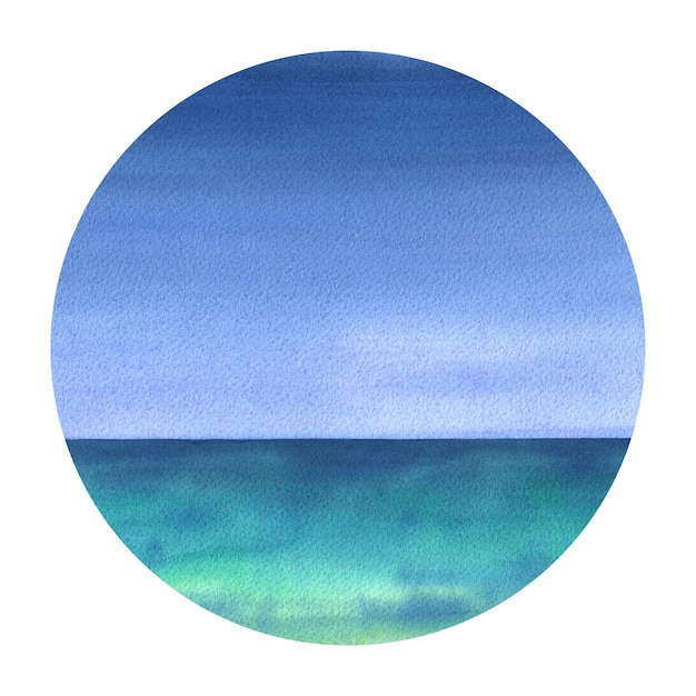 Watercolor illustration background with blue sky and azure turquoise sea or ocean in the shape of a circle from the SURFING collection For decoration and design of marine and summer compositions