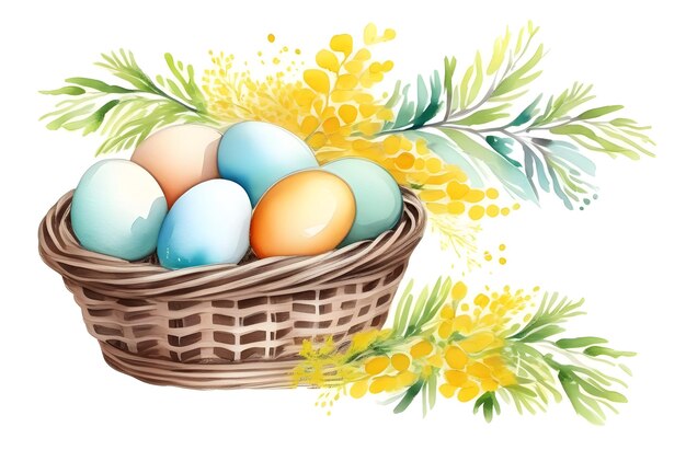 Photo watercolor illustration of a basket with eggs for easter easter wicker basket