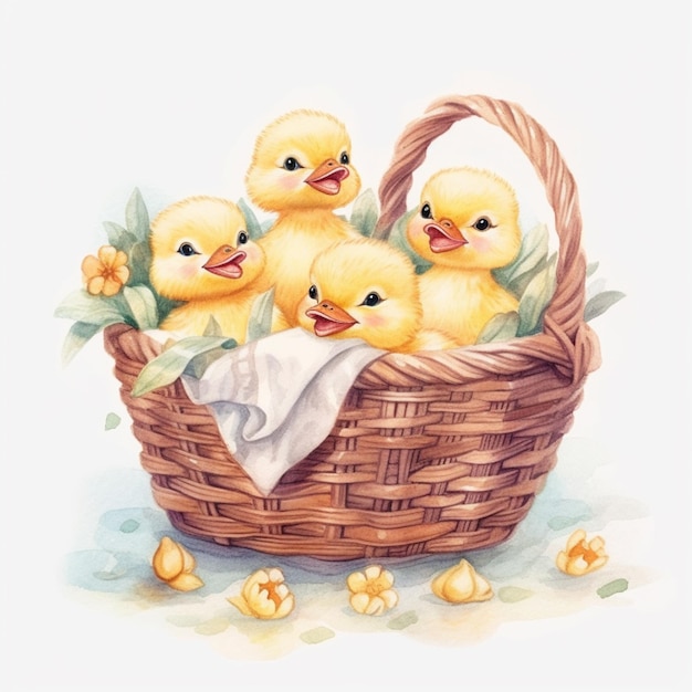 A watercolor illustration of a basket with three little chickens.