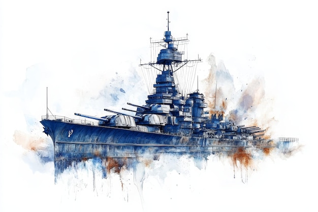 A watercolor illustration of a battleship showcasing its powerful presence and dominance on th