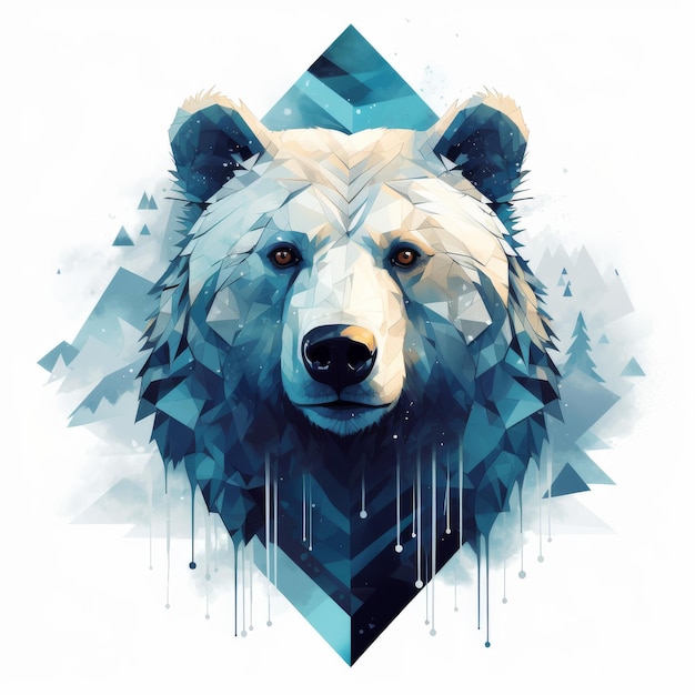 Watercolor illustration of a bear head on a background of geometric shapes