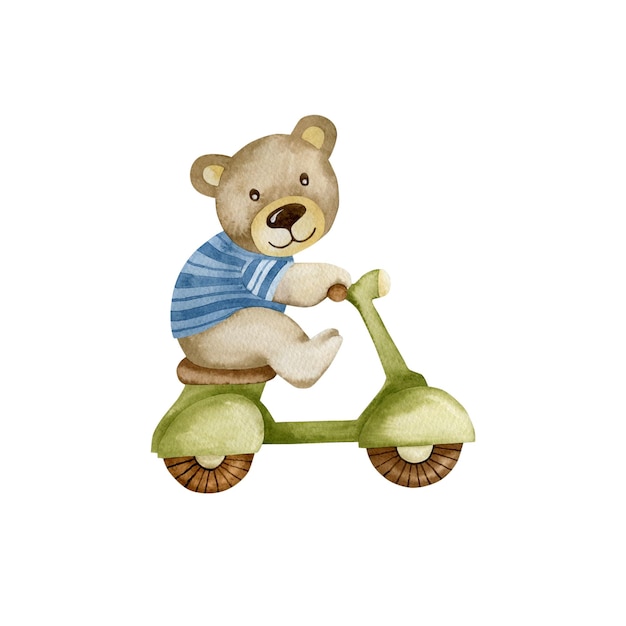 Watercolor illustration of a bear on a motorcycle.