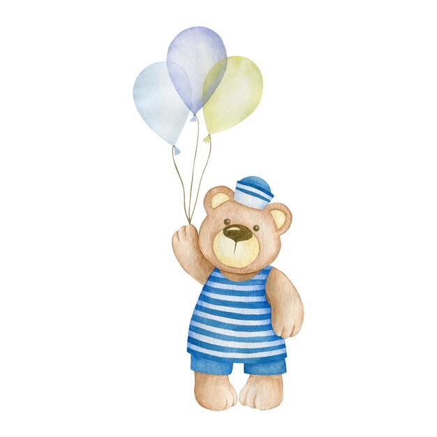 Watercolor illustration of bear sailor with balloons