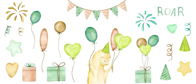 A watercolor illustration of a bear with a party hat and balloons.