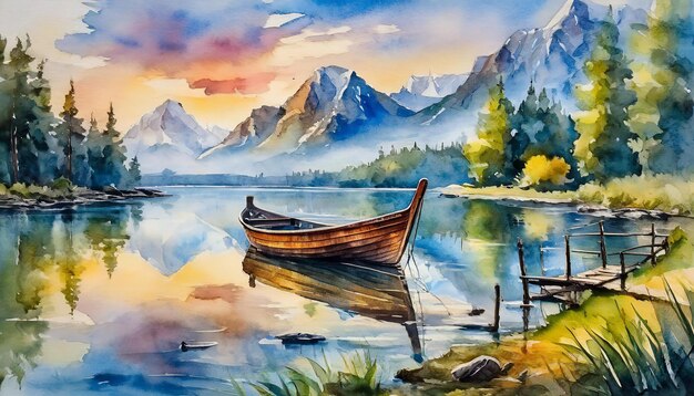 Watercolor illustration of beautiful landscape with boat on lake mountains Natural scenery