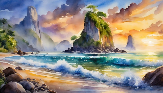 Watercolor illustration of beautiful landscape with lone rock beach Summer season Natural scenery