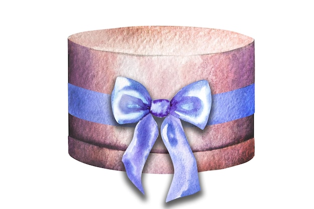 Watercolor illustration of a beautiful round pink gift box with a blue bow on a white background