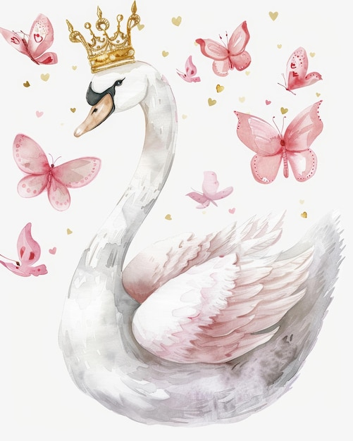 Watercolor illustration of a beautiful swan with a crown and butterflies