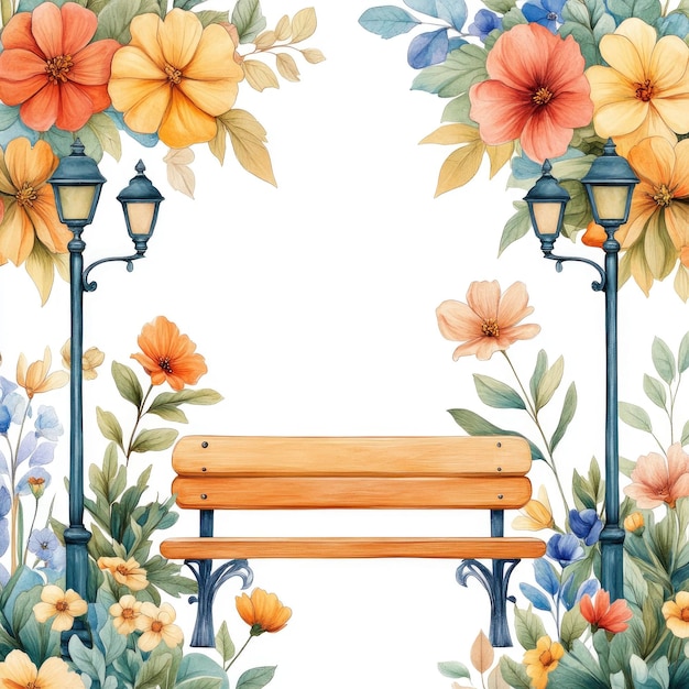 Photo watercolor illustration of a bench surrounded by flowers and streetlights