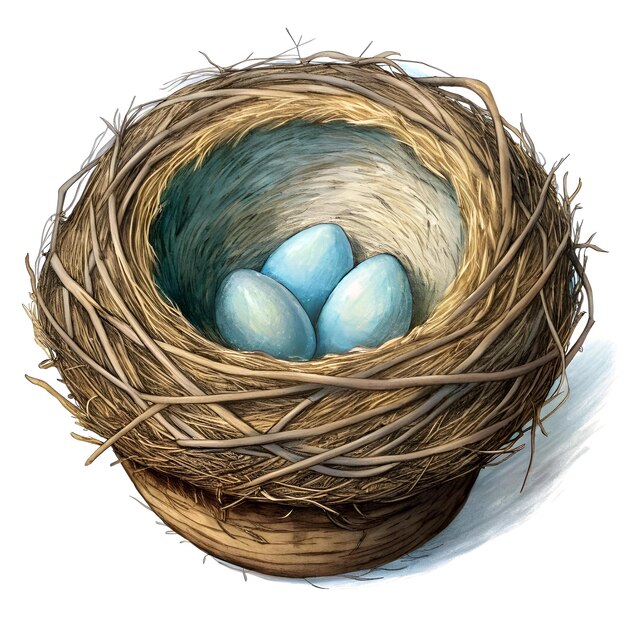 A watercolor illustration of a birds nest with three blue eggs