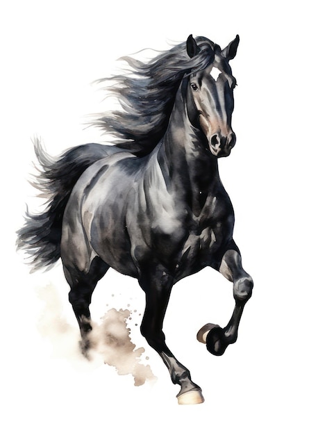 Watercolor illustration of a black horse isolated on white background