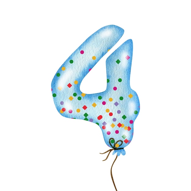 Watercolor illustration of blue balloon number four isolated on white background