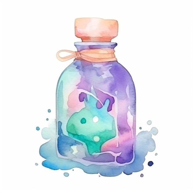 Watercolor illustration of a bottle with a rabbit inside.