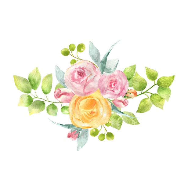 Watercolor illustration of a bouquet of roses, leaves and berries.