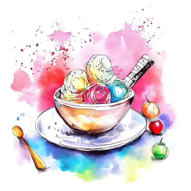 Photo watercolor illustration of a bowl of ice cream with a spoon and fruit