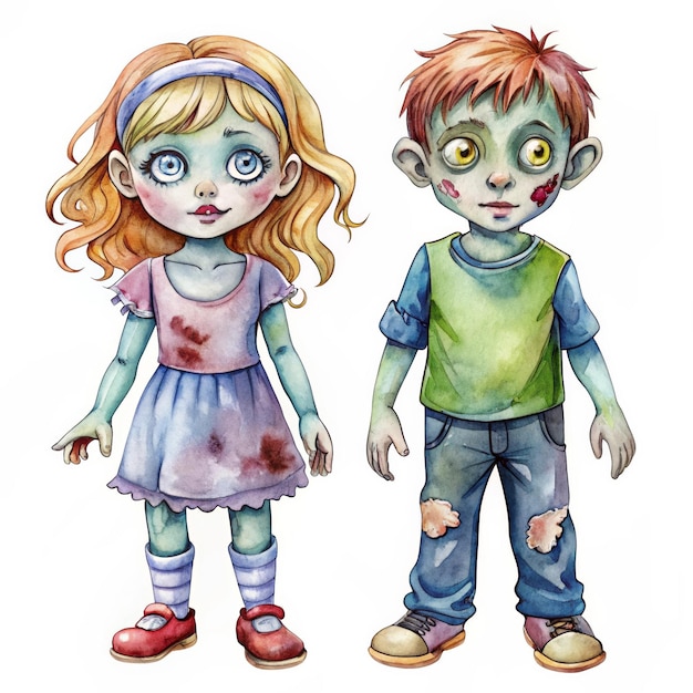 Photo a watercolor illustration of a boy and girl dressed in zombie costumes the girl has blonde hai