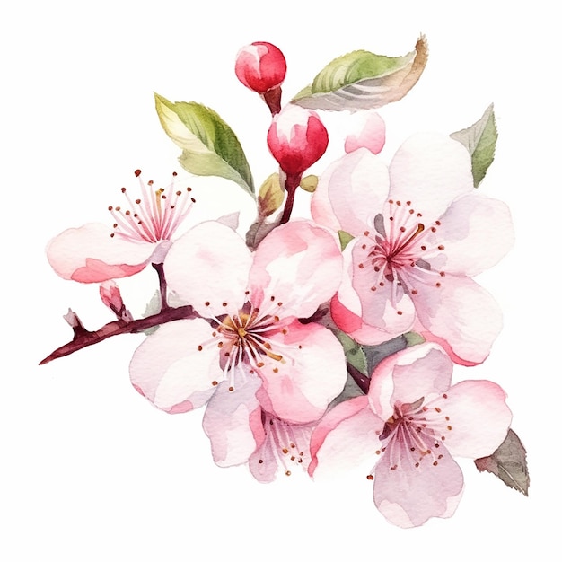 A watercolor illustration of a branch of cherry blossoms.