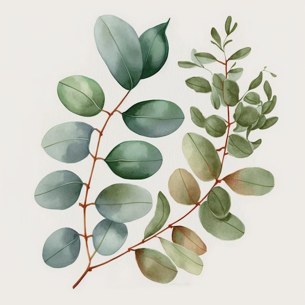 A watercolor illustration of a branch with green leaves and a branch with leaves.