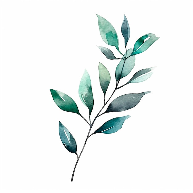 A watercolor illustration of a branch with leaves.