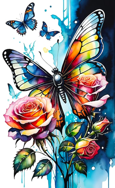 watercolor illustration bright neon roses and butterflies text space art background for design