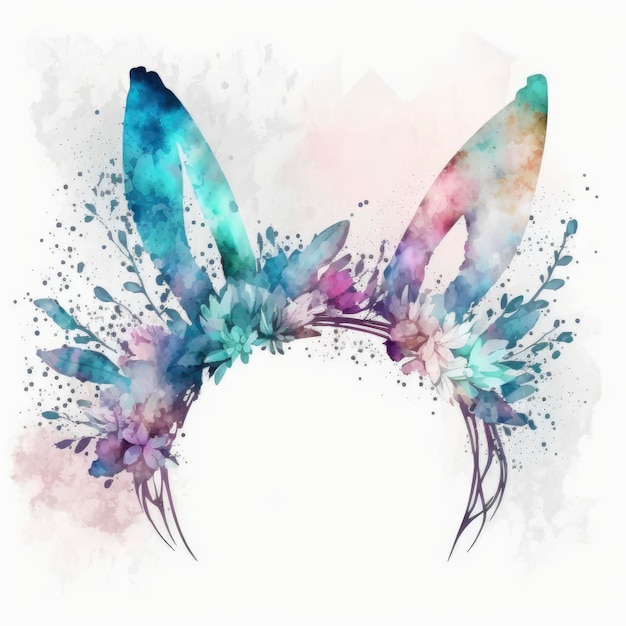 Watercolor illustration of a bunny headband with flowers and the word easter on it.