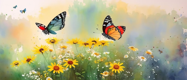 Watercolor illustration of butterflies fluttering over wild flowers in spring Generative AI