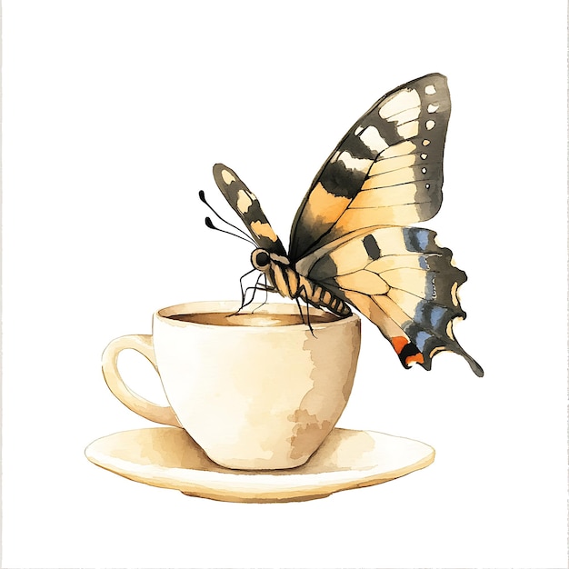 Watercolor Illustration of a Butterfly Landing on a Cup of Coffee