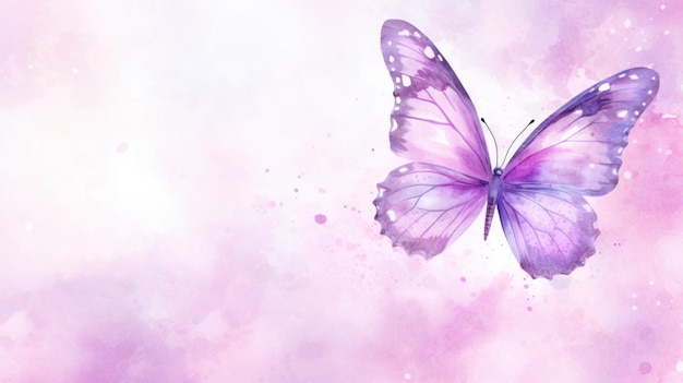 Watercolor illustration of butterfly on pastel delicate pink purple background with watercolor splashes and stains Banner with copy space The concept of delicate beauty of nature