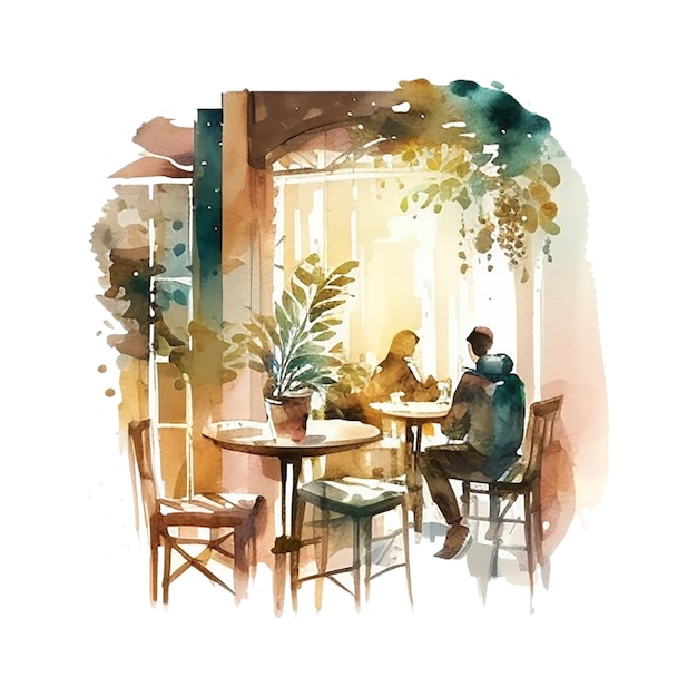 Watercolor illustration of Cafe place with cozy interior, big enlightened window and green plants