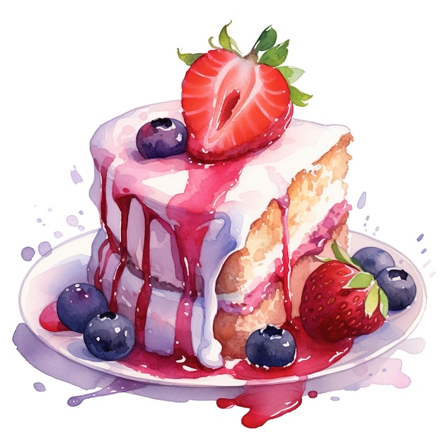 Watercolor illustration of cake with strawberry and blueberry on a white background