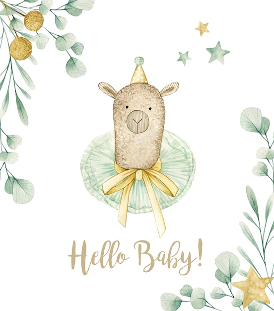 Watercolor illustration card hello baby with lama, stars, eucalyptus. Isolated on white background.