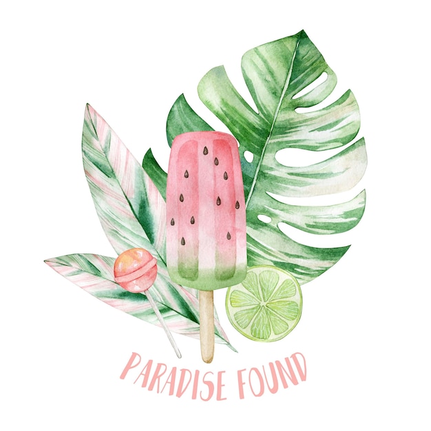 Watercolor illustration card paradise found with monstera icecream lollypop Isolated on white