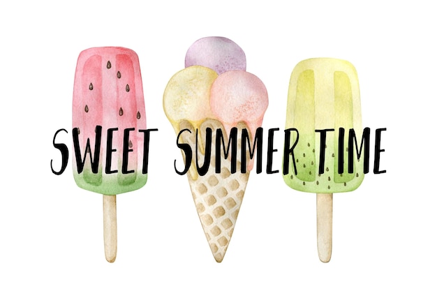 Watercolor illustration card sweet summer time with ice cream Isolated on white background