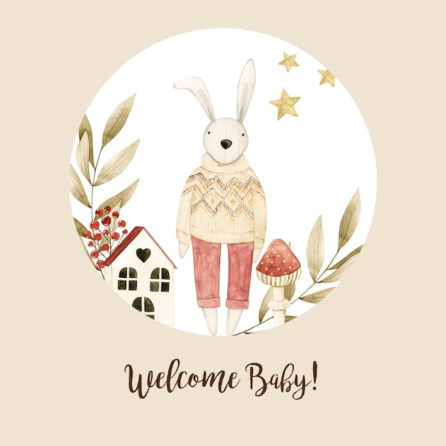 Watercolor illustration card welcome baby with bunny, beige leaves, house. Isolated on white.